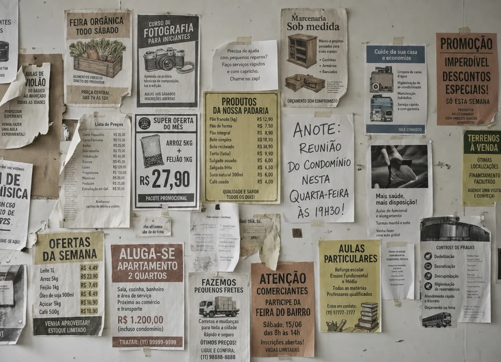 Comunicação tradicional com cartazes e materiais impressos