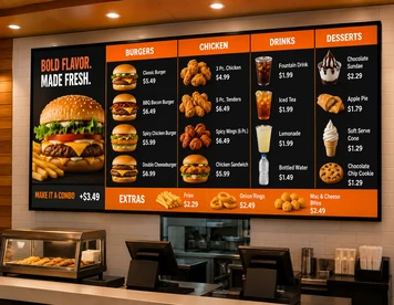 Screen showing a digital menu and promotions at a business