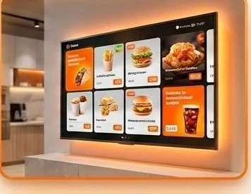 Pantalla con un menú digital y promociones en un local