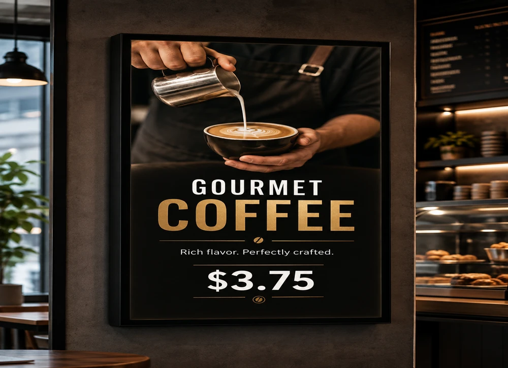 Digital screen showing a coffee campaign at a business
