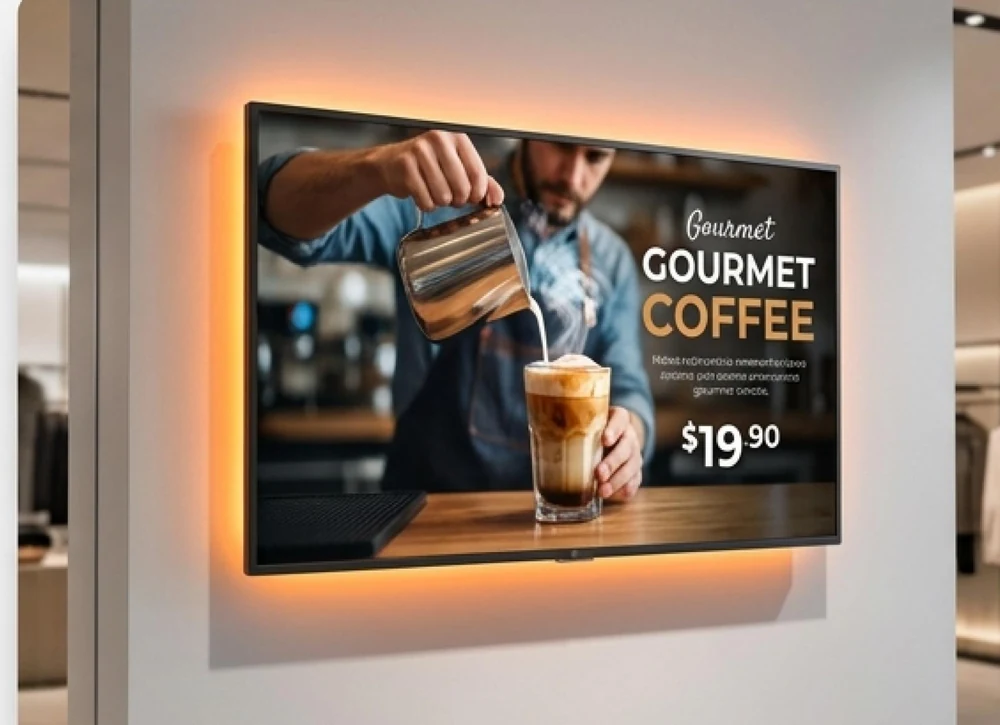 Pantalla digital con una campaña de café en un local