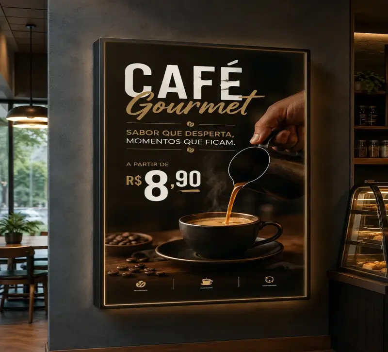 Tela digital com uma campanha de café em um estabelecimento
