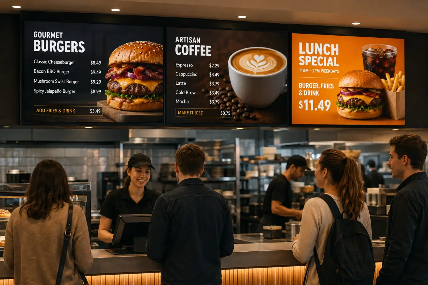 Showroom with digital screens displaying products and promotions above the counter