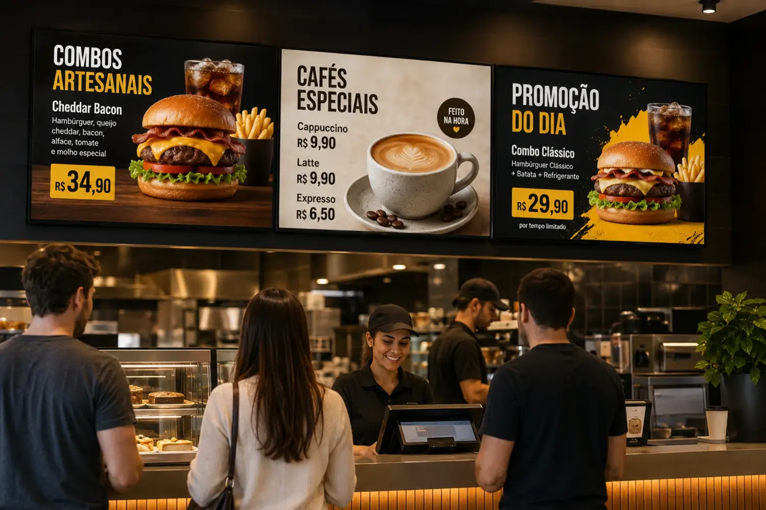 Showroom com telas digitais exibindo produtos e promoções sobre o balcão