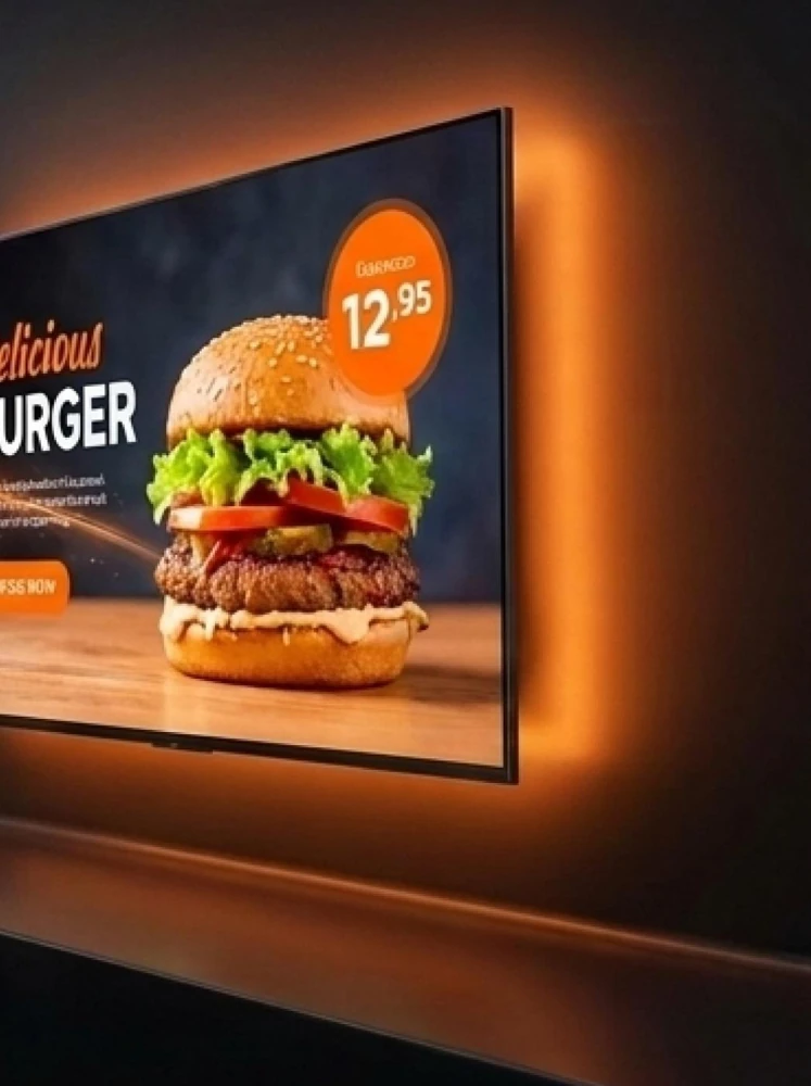 Pantalla digital con una campaña de hamburguesas actualizada de forma remota